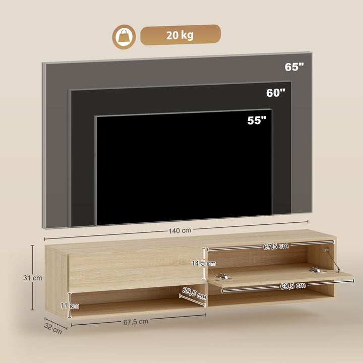 Móvel de TV de Parede Móvel de TV para Sala de Estar com 2 Compartimentos e 2 Armários com Portas Móvel para Televisores de 60 Polegadas 140x32x31 cm Madeira