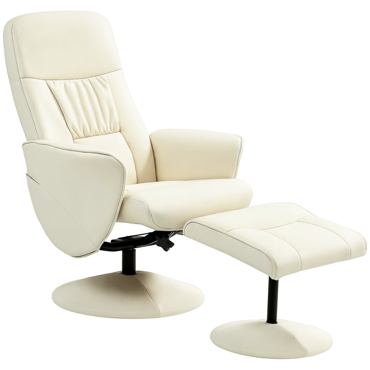 Poltrona Relax com Apoio para os Pés Estofada em PU Poltrona Relax Reclinável até 145° e Giratório 360° com Encosto Ajustável para Sala de Estar Dormitório Escritório 81x81x105cm Creme