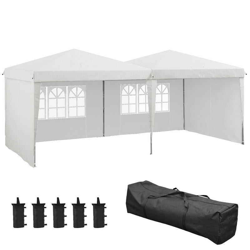 Tenda Dobrável 585x295 cm com Paredes Laterais Tenda para Festas com Altura Ajustável Bolsa de Transporte Rodas e 5 Sacos de Areia para Exterior Jardim Pátio Branco