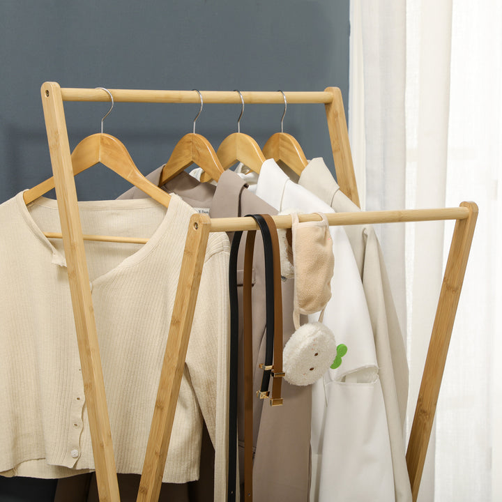 Suporte para Cabides de Bambu Porta Cabides com Prateleira para Sapatos 2 Barras e 2 Ganchos para Corredor Entrada Dormitório 74x42x150 cm Madeira