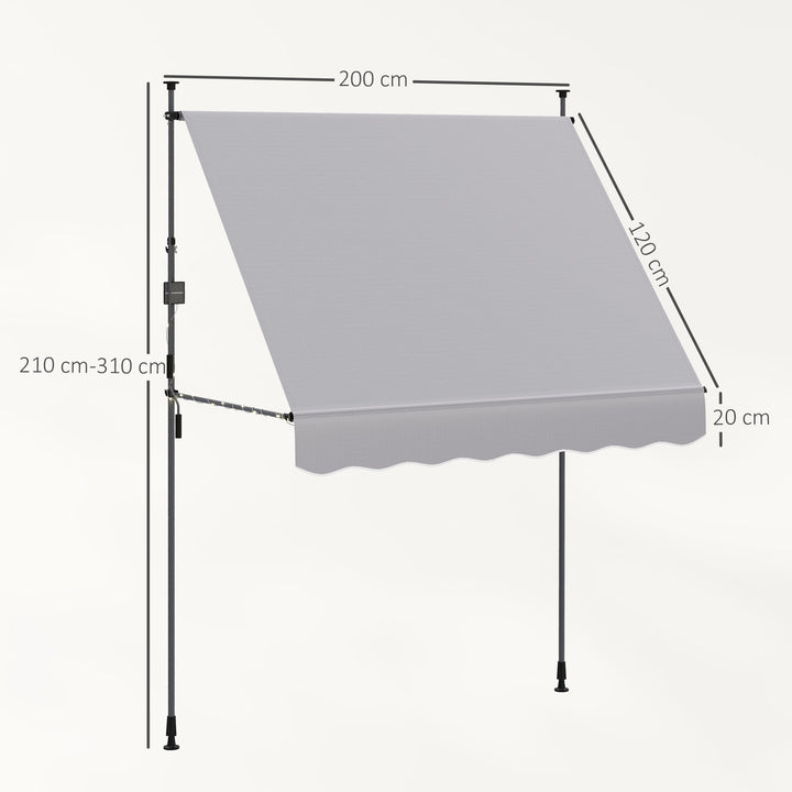 Toldo Manual Retráctil 2x1,2 m Toldo Exterior Enrolável Altura Ajustável com Manivela 210-310 cm Proteção UV30+ Sem Perfuração para Jardim Varanda Pátio Cinzento