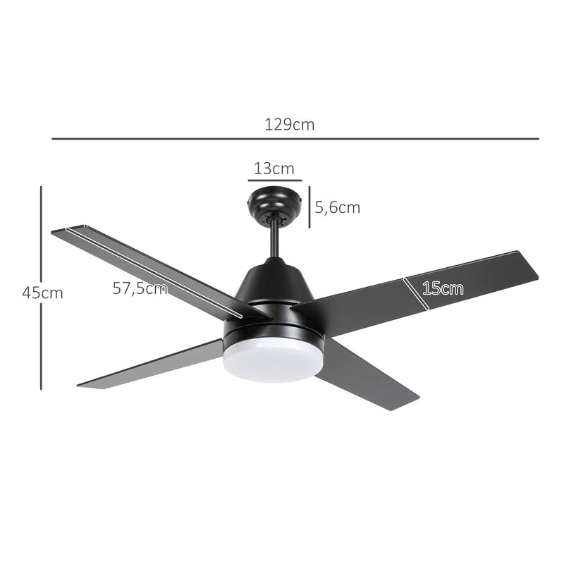 Ventoinha de Teto com Luz 46W Ø129 cm Motor DC Ventoinha de Teto Silencioso com 4 Lâminas Reversíveis Controlo Remoto 6 Velocidades e Temporizador para Quarto Sala Preto