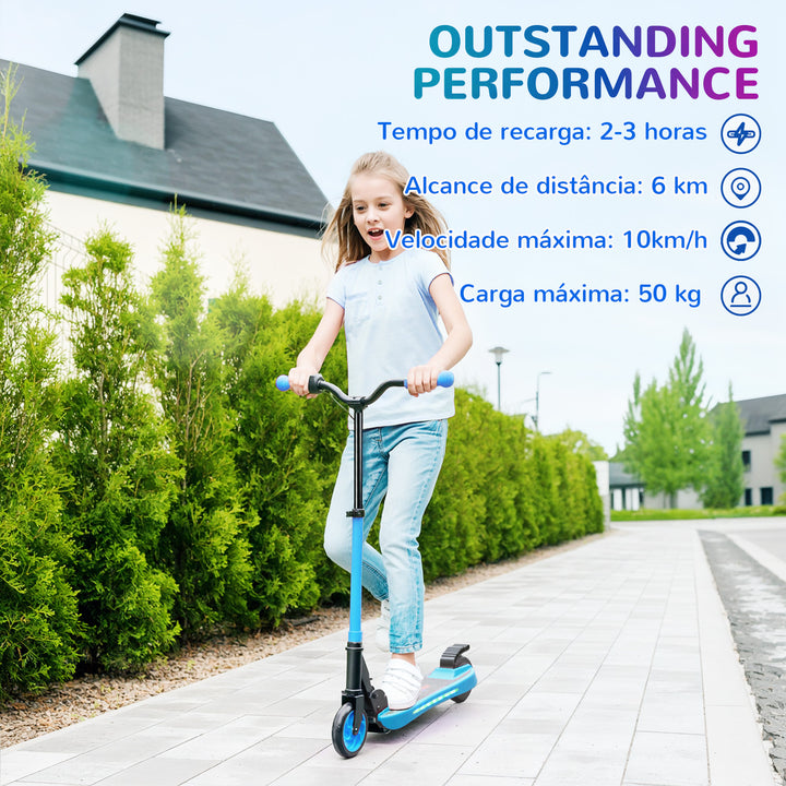 Trotinete Elétrica Dobrável para Crianças acima de 6 Anos Motor 120 W Autonomia 6 km e Máximo 10 km/h com Travão Altura Ajustável Luzes LED e Estrutura de Alumínio 74x52x83-87 cm Azul