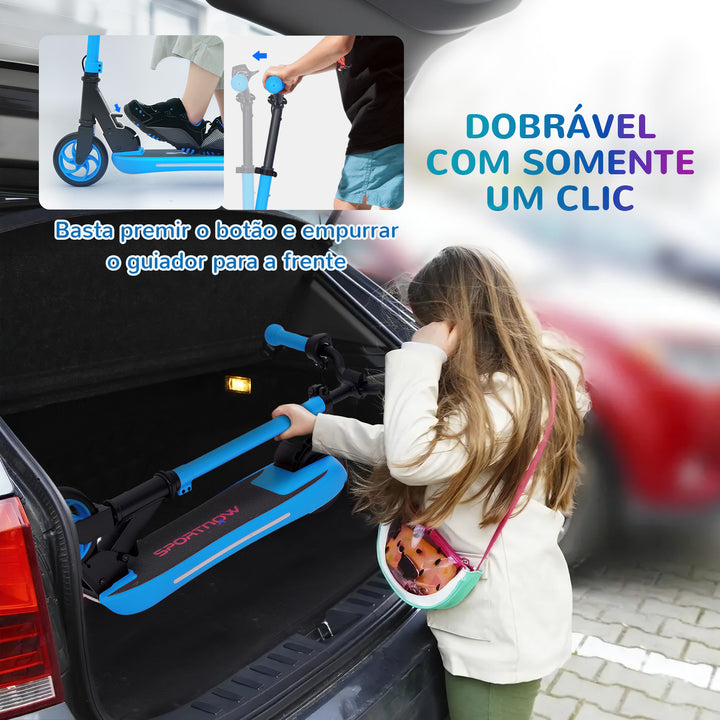 Trotinete Elétrica Dobrável para Crianças acima de 6 Anos Motor 120 W Autonomia 6 km e Máximo 10 km/h com Travão Altura Ajustável Luzes LED e Estrutura de Alumínio 74x52x83-87 cm Azul