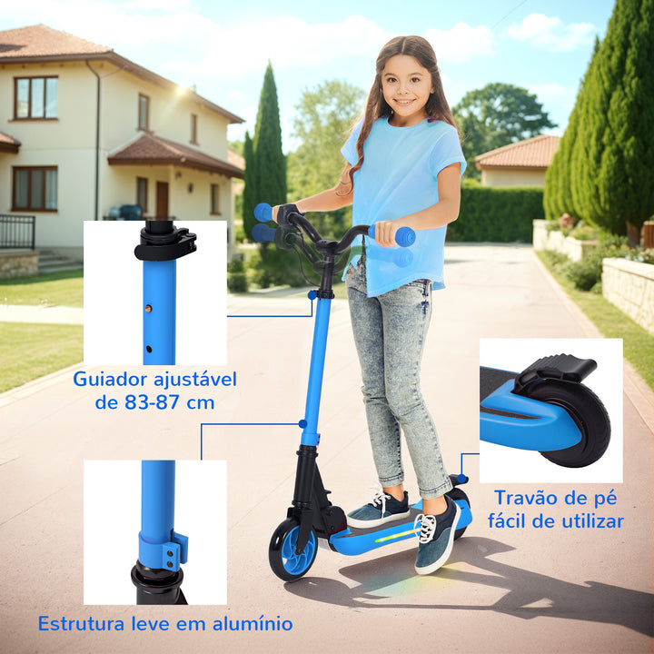 Trotinete Elétrica Dobrável para Crianças acima de 6 Anos Motor 120 W Autonomia 6 km e Máximo 10 km/h com Travão Altura Ajustável Luzes LED e Estrutura de Alumínio 74x52x83-87 cm Azul