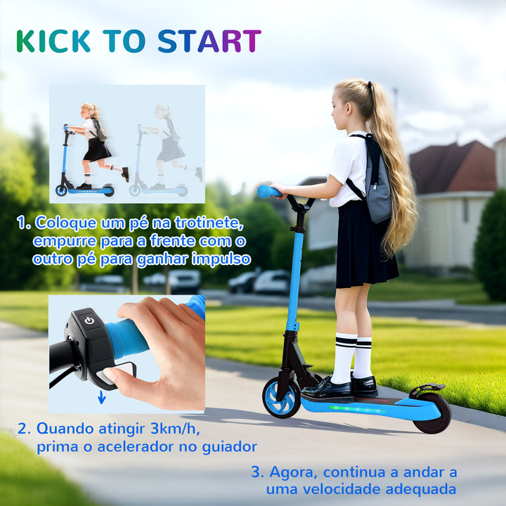 Trotinete Elétrica Dobrável para Crianças acima de 6 Anos Motor 120 W Autonomia 6 km e Máximo 10 km/h com Travão Altura Ajustável Luzes LED e Estrutura de Alumínio 74x52x83-87 cm Azul