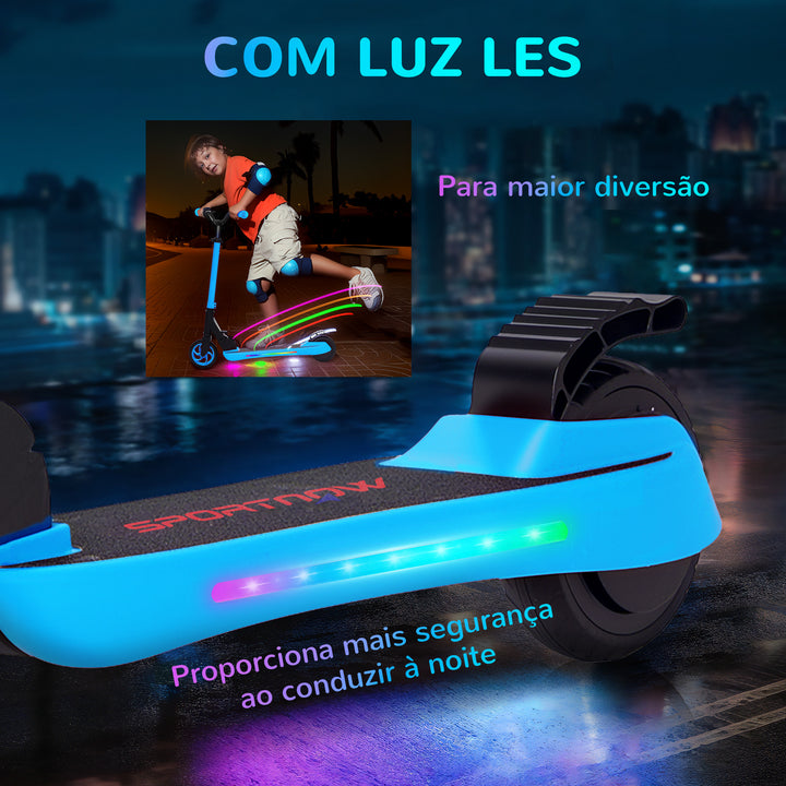 Trotinete Elétrica Dobrável para Crianças acima de 6 Anos Motor 120 W Autonomia 6 km e Máximo 10 km/h com Travão Altura Ajustável Luzes LED e Estrutura de Alumínio 74x52x83-87 cm Azul
