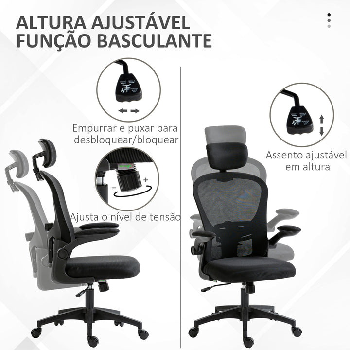 Cadeira de Escritório Basculante Cadeira de Escritório Giratória com Encosto Alto Apoio para a Cabeça Ajustável Suporte Lombar Apoio para os Braços Dobrável e Altura Ajustável Carga 120 kg 62x64x112-120 cm Preto