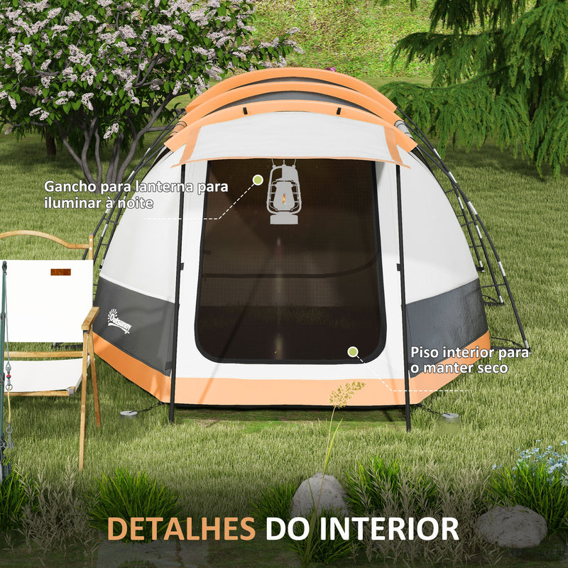 Tenda de Campismo Familiar para 3-4 Pessoas Tenda de Campismo Dobrável com 2 Quartos e Bolsa de Transporte Impermeável para Trekking 370x220x130 cm Laranja e Cinza