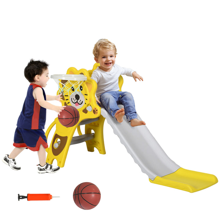 Escorrega para Crianças 2 em 1 Escorrega para Crianças de 18 a 36 Meses com 2 Degraus Cesta de basquetebol e Desenho de Leão para Interior 131x50x74 cm Amarelo e Cinza