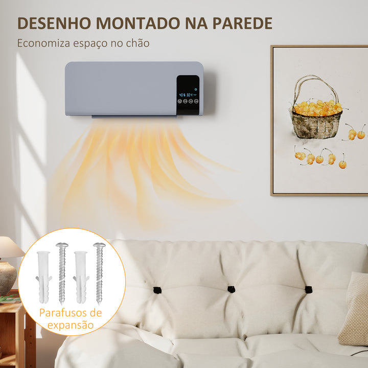 Aquecedor Elétrico de Parede 1000W/2000W Aquecedor com Ecrã LED Controlo Remoto Termostato Temporizador para Áreas de 15-20 m² 54,5x12x21,5 cm Cinzento