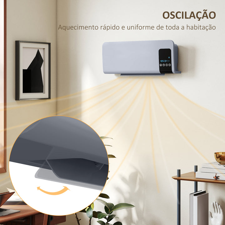 Aquecedor Elétrico de Parede 1000W/2000W Aquecedor com Ecrã LED Controlo Remoto Termostato Temporizador para Áreas de 15-20 m² 54,5x12x21,5 cm Cinzento