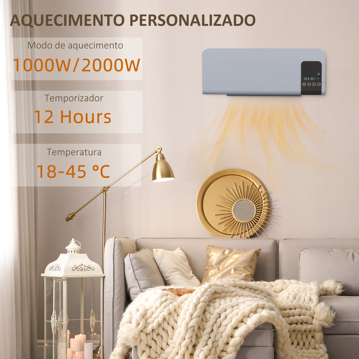Aquecedor Elétrico de Parede 1000W/2000W Aquecedor com Ecrã LED Controlo Remoto Termostato Temporizador para Áreas de 15-20 m² 54,5x12x21,5 cm Cinzento