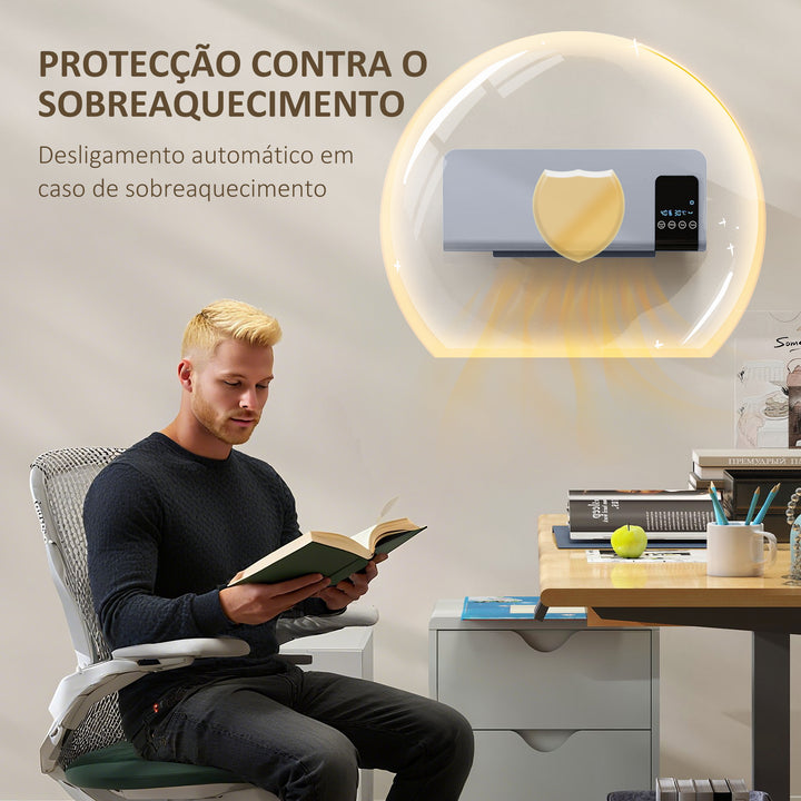 Aquecedor Elétrico de Parede 1000W/2000W Aquecedor com Ecrã LED Controlo Remoto Termostato Temporizador para Áreas de 15-20 m² 54,5x12x21,5 cm Cinzento