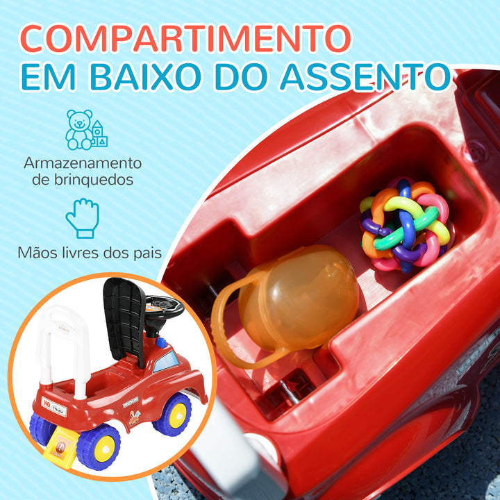 Carro Andador para Crianças de 18-36 Meses Desenho de Camião de Bombeiros Carro Andador com 3 Luzes Música Compartimento de Armazenamento e Volante 49x24x42 cm Vermelho