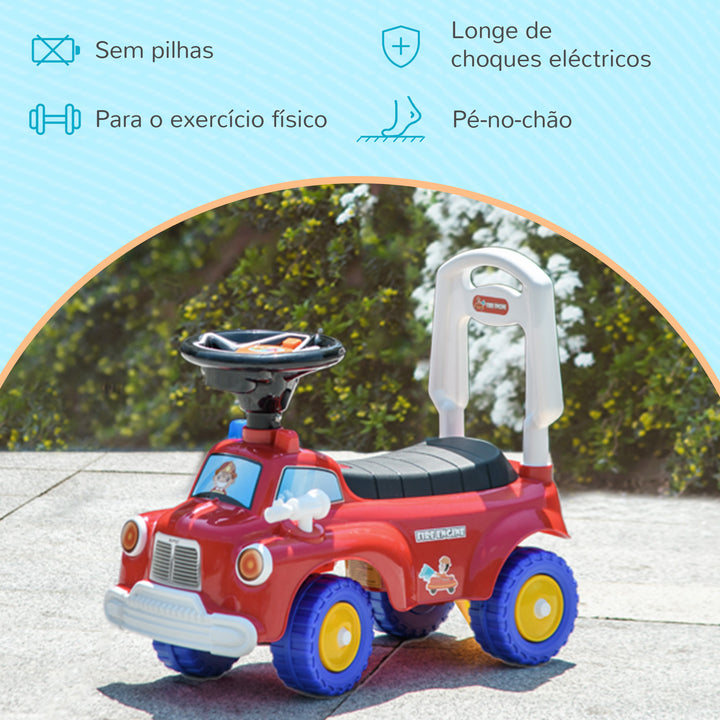 Carro Andador para Crianças de 18-36 Meses Desenho de Camião de Bombeiros Carro Andador com 3 Luzes Música Compartimento de Armazenamento e Volante 49x24x42 cm Vermelho