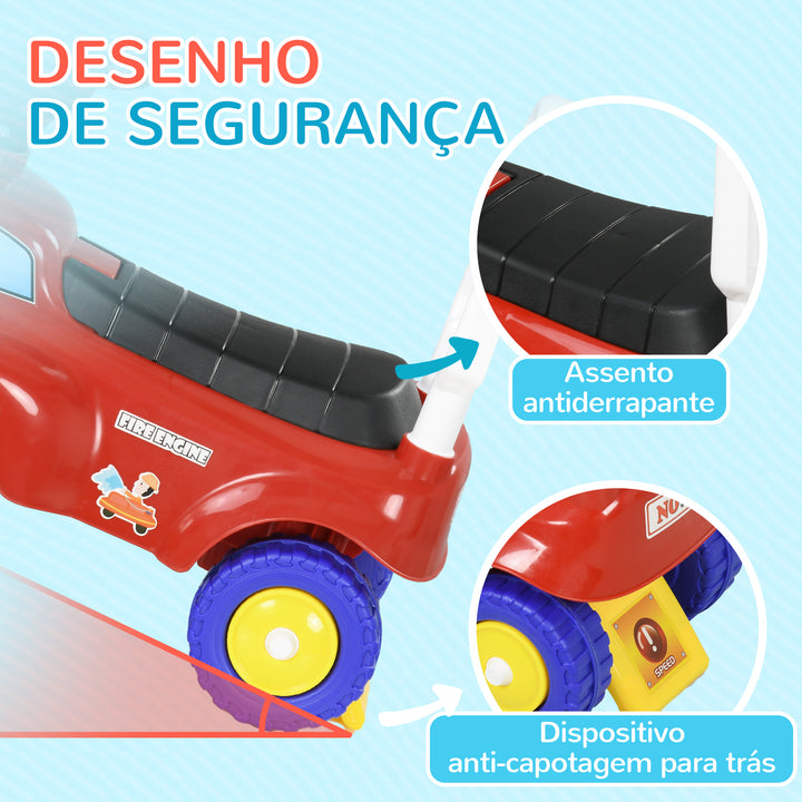 Carro Andador para Crianças de 18-36 Meses Desenho de Camião de Bombeiros Carro Andador com 3 Luzes Música Compartimento de Armazenamento e Volante 49x24x42 cm Vermelho