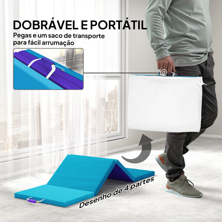Tapete de Ginástica Dobrável com Espessura de 5 cm Tapete de Exercício com Pegas de Transporte e Bolsa Tapete de Ginástica para Yoga Aeróbica Artes Marciais 180x60x5 cm Azul e Roxo