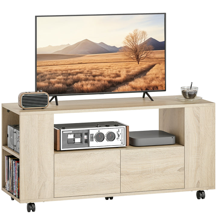 Móvel de TV com Rodas Mesa de TV Móvel Móvel para Televisão até 42 Polegadas com 2 Gavetas Prateleiras Ajustáveis para Sala de Estar Quarto 102x34,5x48,5 cm Madeira