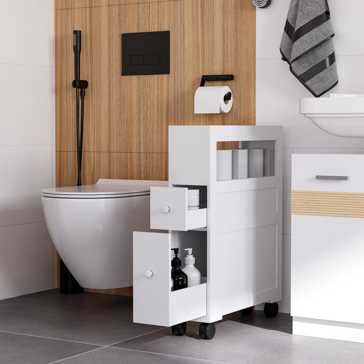 Móvel Auxiliar Casa de Banho Móvel Casa de Banho para Espaços Reduzidos com 4 Rodas Prateleira Aberta e Gavetas 16x52x71,5 cm Branco