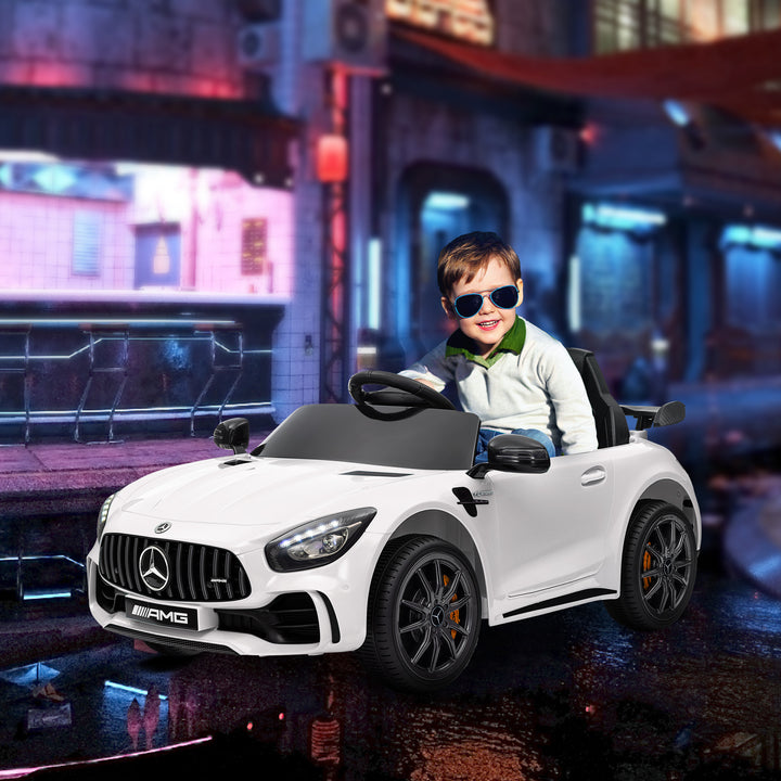 Carro Elétrico para Crianças acima de 3 Anos Carro Mercedes-Benz AMG GTR Carro Elétrico Infantil com Bateria 12V Controlo Remoto Faróis Buzina e Música 108x67x46 cm Branco