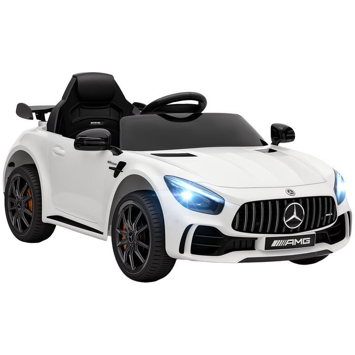 Carro Elétrico para Crianças acima de 3 Anos Carro Mercedes-Benz AMG GTR Carro Elétrico Infantil com Bateria 12V Controlo Remoto Faróis Buzina e Música 108x67x46 cm Branco