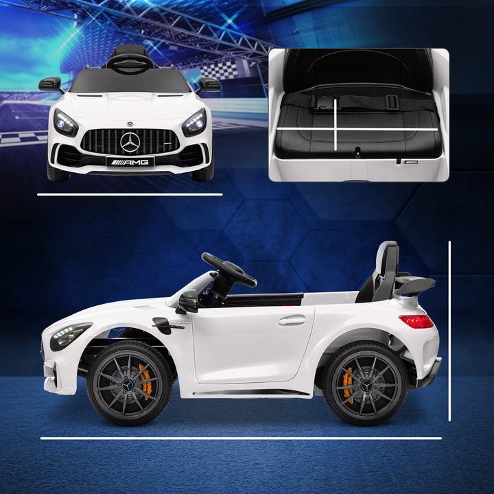 Carro Elétrico para Crianças acima de 3 Anos Carro Mercedes-Benz AMG GTR Carro Elétrico Infantil com Bateria 12V Controlo Remoto Faróis Buzina e Música 108x67x46 cm Branco