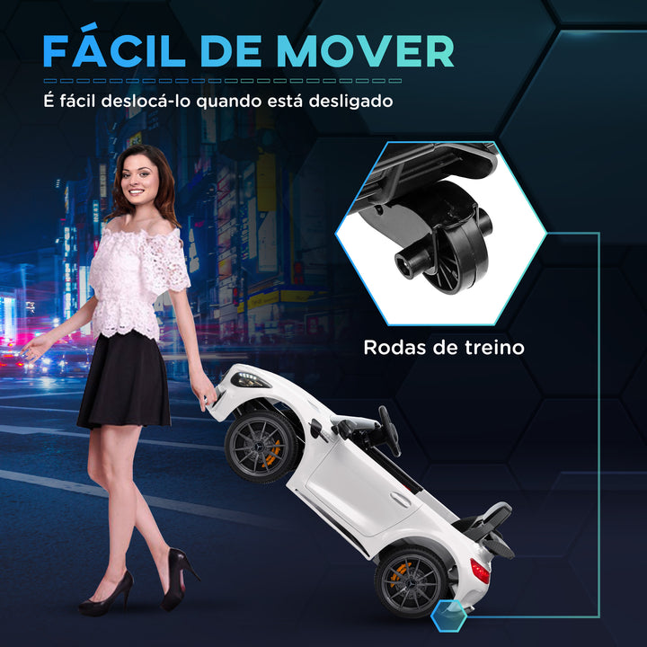 Carro Elétrico para Crianças acima de 3 Anos Carro Mercedes-Benz AMG GTR Carro Elétrico Infantil com Bateria 12V Controlo Remoto Faróis Buzina e Música 108x67x46 cm Branco