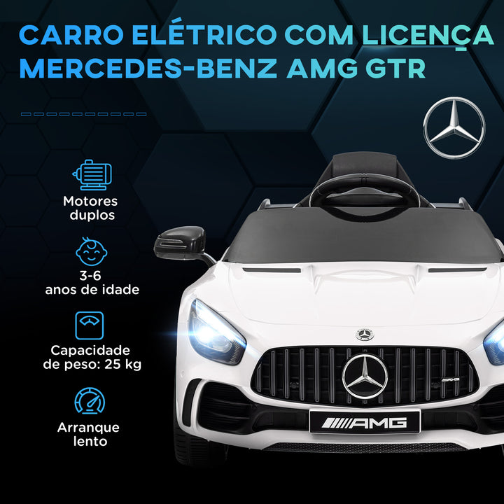 Carro Elétrico para Crianças acima de 3 Anos Carro Mercedes-Benz AMG GTR Carro Elétrico Infantil com Bateria 12V Controlo Remoto Faróis Buzina e Música 108x67x46 cm Branco