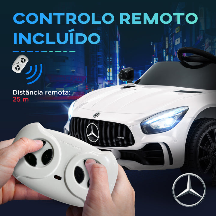 Carro Elétrico para Crianças acima de 3 Anos Carro Mercedes-Benz AMG GTR Carro Elétrico Infantil com Bateria 12V Controlo Remoto Faróis Buzina e Música 108x67x46 cm Branco