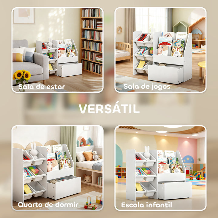 Estante Infantil para Brinquedos com 6 Caixas Removíveis 3 Prateleiras Abertas e Gaveta Inferior com Rodas Organizador para Quarto Sala de Jogos Escola Infantil 100x30x80 cm Branco
