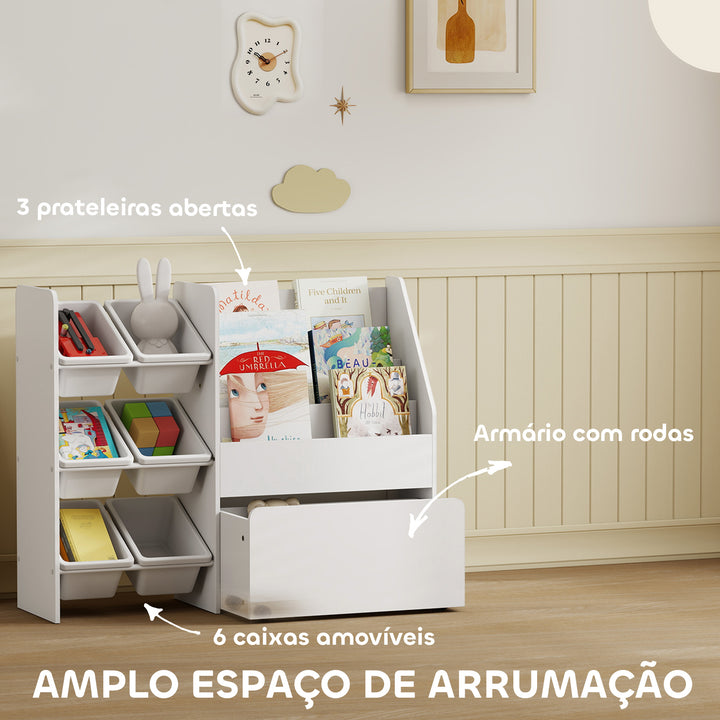 Estante Infantil para Brinquedos com 6 Caixas Removíveis 3 Prateleiras Abertas e Gaveta Inferior com Rodas Organizador para Quarto Sala de Jogos Escola Infantil 100x30x80 cm Branco
