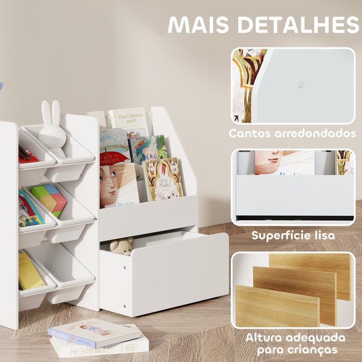 Estante Infantil para Brinquedos com 6 Caixas Removíveis 3 Prateleiras Abertas e Gaveta Inferior com Rodas Organizador para Quarto Sala de Jogos Escola Infantil 100x30x80 cm Branco