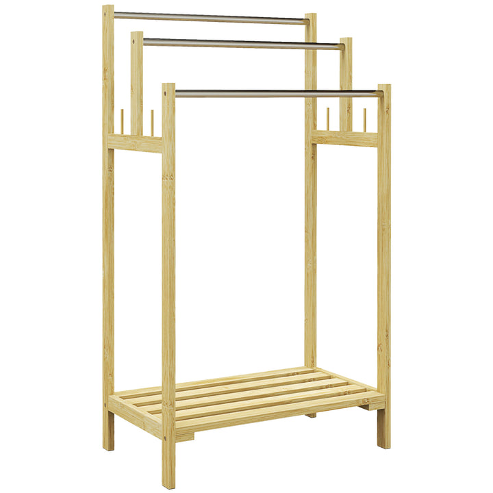 Toalheiro de Pé de Bambu Toalheiro Escada para Casa de Banho com 3 Barras de Aço Inoxidável Prateleira Aberta 4 Ganchos Estilo Moderno 50,5x31x90 cm Madeira