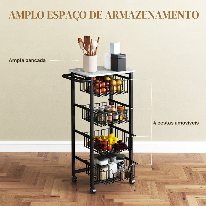 Fruteira para Cozinha Carrinho de Cozinha com 4 Cestas e Estrutura de Aço Carrinho Auxiliar com Rodas para Sala de Jantar 49,5x31x91 cm Cinza Claro