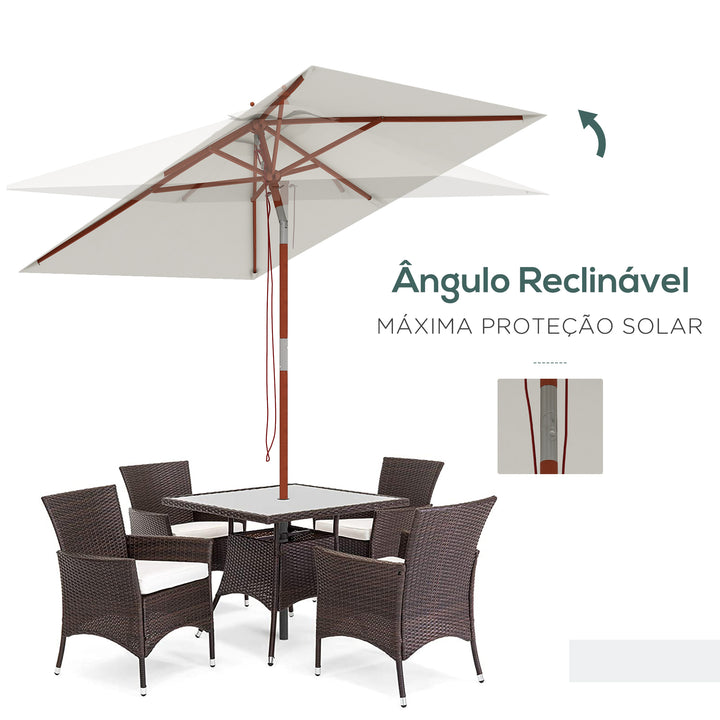 Chapéu de Sol de Jardim 200x150x235cm Chapéu de Sol Retangular Inclinável com Polia Duplo Teto e Mastro Desmontável de Madeira para Terraço Pátio Bege