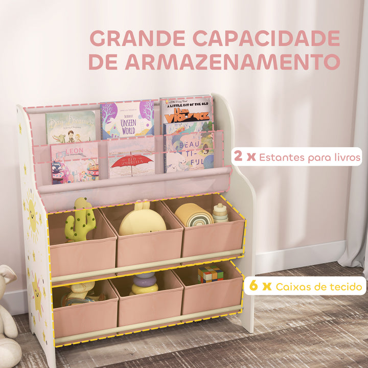 Estante Infantil para Brinquedos com 6 Caixas de Tecido Não Tecido Organizador de Brinquedos com 2 Prateleiras para Quarto Infantil Sala de Brincar Escola Infantil 63x30x71 cm Rosa