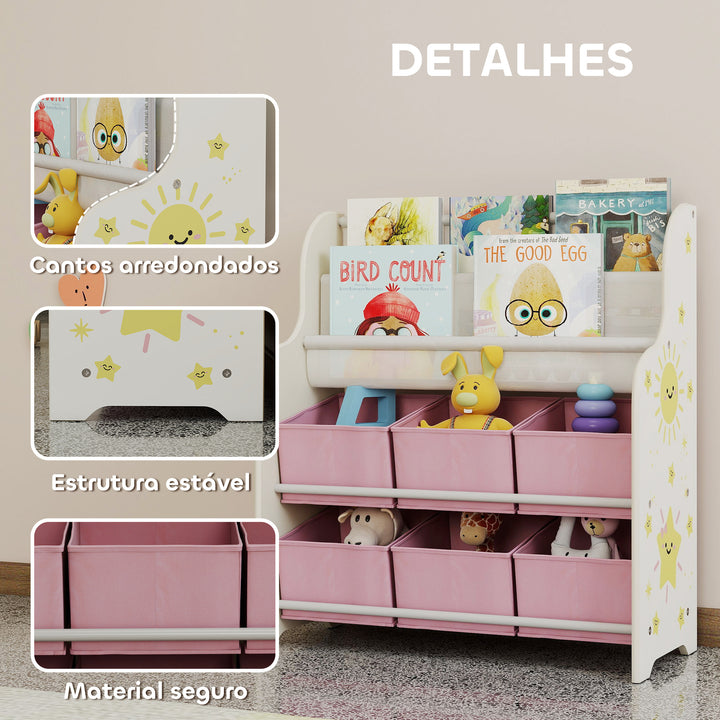 Estante Infantil para Brinquedos com 6 Caixas de Tecido Não Tecido Organizador de Brinquedos com 2 Prateleiras para Quarto Infantil Sala de Brincar Escola Infantil 63x30x71 cm Rosa