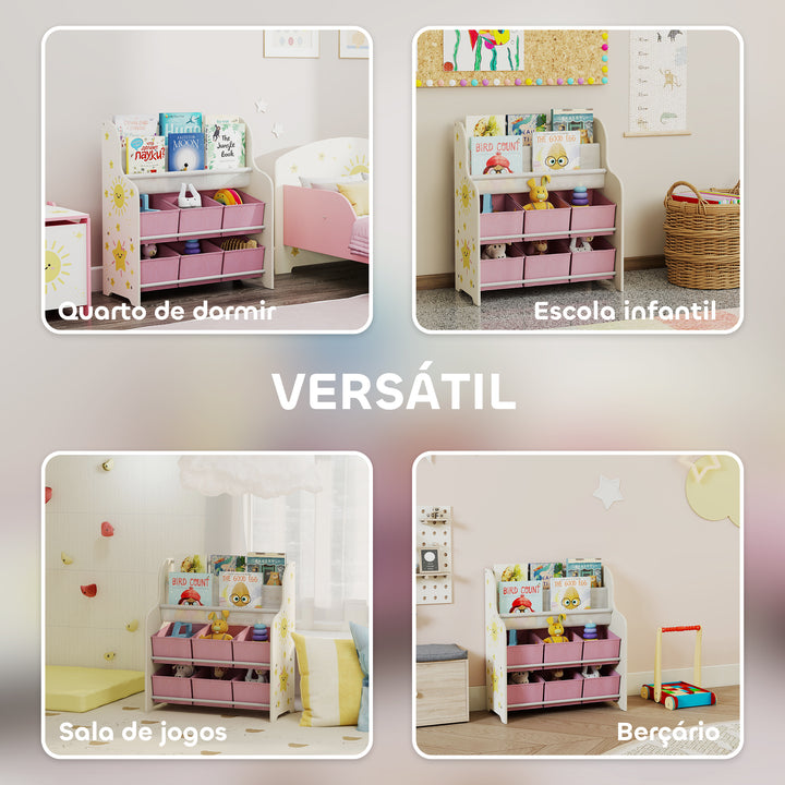 Estante Infantil para Brinquedos com 6 Caixas de Tecido Não Tecido Organizador de Brinquedos com 2 Prateleiras para Quarto Infantil Sala de Brincar Escola Infantil 63x30x71 cm Rosa