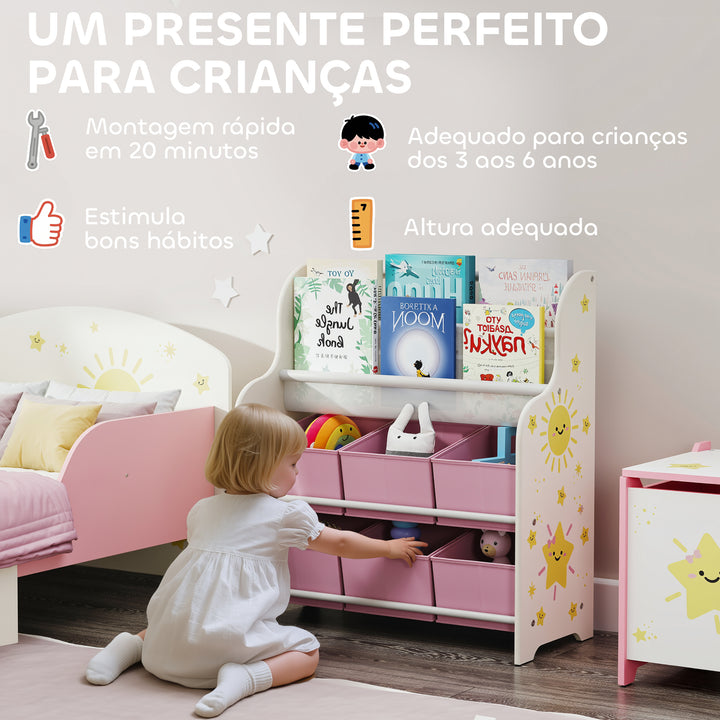 Estante Infantil para Brinquedos com 6 Caixas de Tecido Não Tecido Organizador de Brinquedos com 2 Prateleiras para Quarto Infantil Sala de Brincar Escola Infantil 63x30x71 cm Rosa