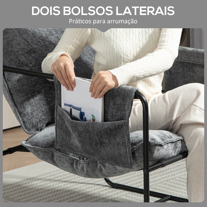 Poltrona Sala de Estar com Apoio para os Braços Bolso Lateral e Estrutura de Aço Poltrona para Dormitório Sala de Estar Carga 120 kg 68x76x81 cm Cinza