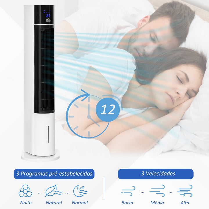 Ventoinha de Torre Oscilante Humidificador com Controle Remoto Tela LED 3 Velocidades 3 Modos e Temporizador 12h 33x26x105cm Branco e Preto