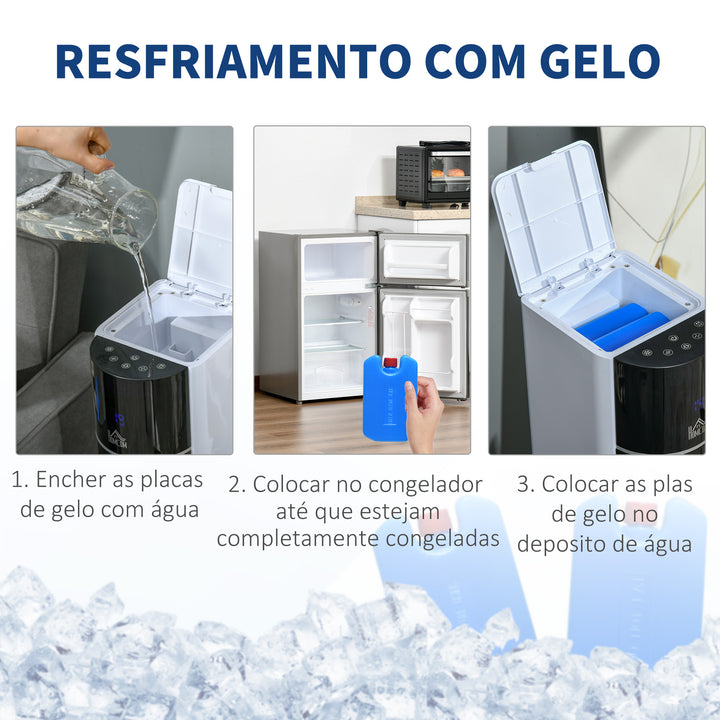 Ventoinha de Torre Oscilante Humidificador com Controle Remoto Tela LED 3 Velocidades 3 Modos e Temporizador 12h 33x26x105cm Branco e Preto