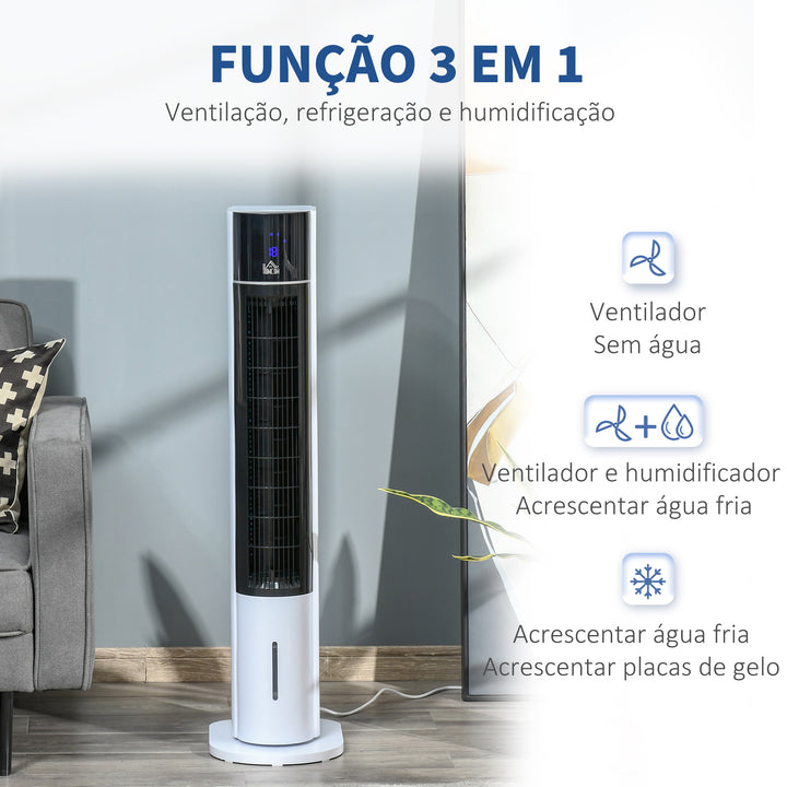 Ventoinha de Torre Oscilante Humidificador com Controle Remoto Tela LED 3 Velocidades 3 Modos e Temporizador 12h 33x26x105cm Branco e Preto