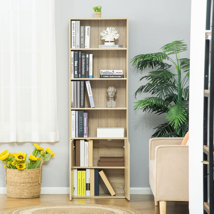 Estante para Livros com 4 Compartimentos Abertos e 1 Armário com 2 Prateleiras Armazenamento Livros Plantas para Sala de Estar Escritório 59x29x180cm Natural