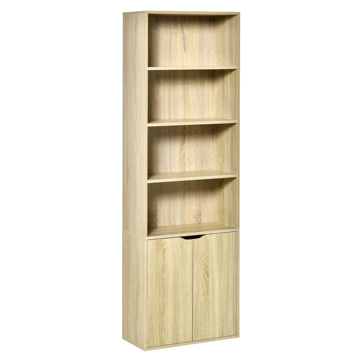 Estante para Livros com 4 Compartimentos Abertos e 1 Armário com 2 Prateleiras Armazenamento Livros Plantas para Sala de Estar Escritório 59x29x180cm Natural