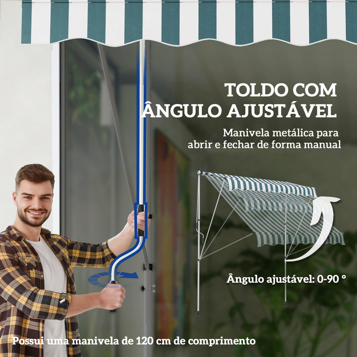 Toldo Manual Retrátil 200x150 cm com Manivela de Alumínio Ângulo Ajustável Proteção Solar para Varanda Jardim Pátio Verde e Branco