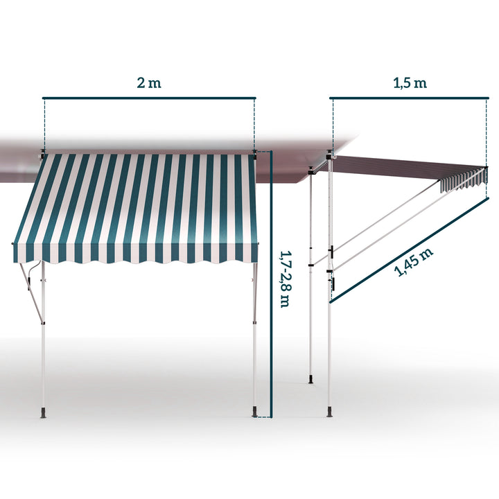 Toldo Manual Retrátil 200x150 cm com Manivela de Alumínio Ângulo Ajustável Proteção Solar para Varanda Jardim Pátio Verde e Branco
