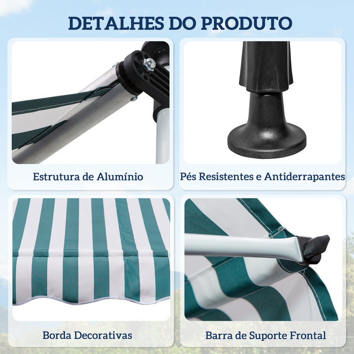 Toldo Manual Retrátil 200x150 cm com Manivela de Alumínio Ângulo Ajustável Proteção Solar para Varanda Jardim Pátio Verde e Branco