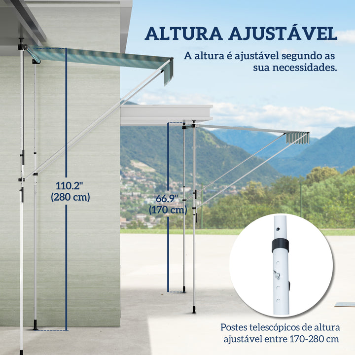 Toldo Manual Retrátil 200x150 cm com Manivela de Alumínio Ângulo Ajustável Proteção Solar para Varanda Jardim Pátio Verde e Branco